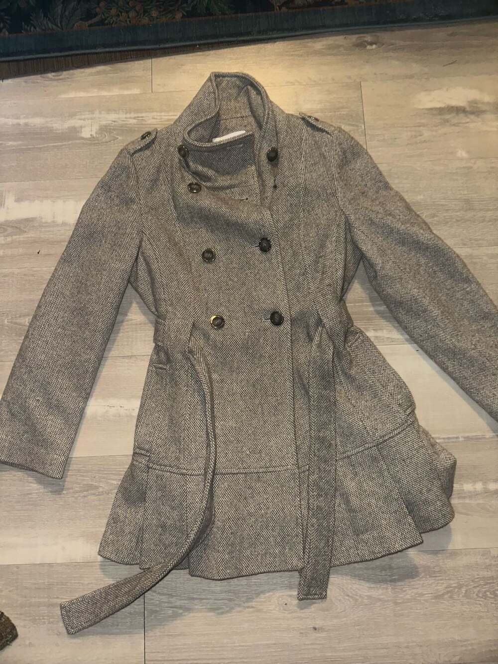 Calvin Klein Trench Coat Size 12P Grey Wool Blend Belted Pea Coat